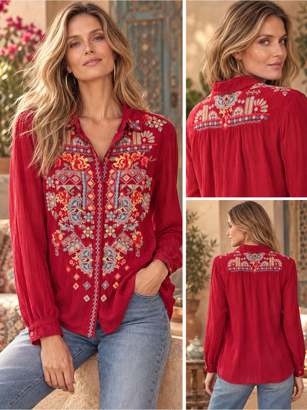 Johnny Was Red Embroidered Button Down Blouse Boho Shirt Size M